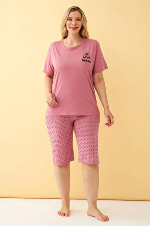 Moda Kadın Somon “Live the Dream” Yazılı Büyük Beden Kapri Pijama Takımı