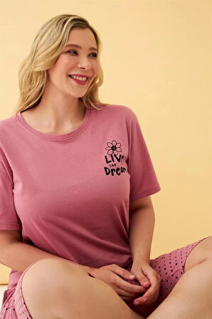 Moda Kadın Somon “Live the Dream” Yazılı Büyük Beden Kapri Pijama Takımı