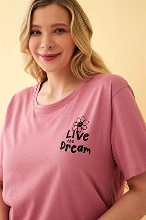 Moda Kadın Somon “Live the Dream” Yazılı Büyük Beden Kapri Pijama Takımı