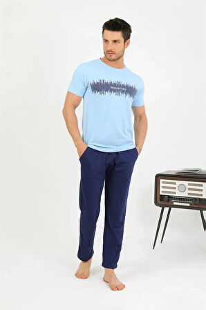Moda Erkek Pamuk Kısa Kol Pijama Takım Mavi