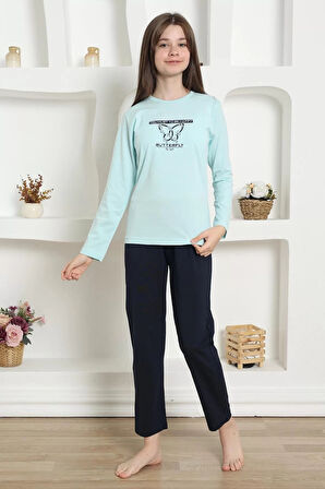 Moda Kız Çocuk Penye Pijama Takım Su Yeşili