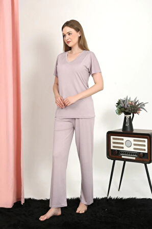 Moda Kadın Kısa Kol Pamuk Penye Pijama Takım Pudra