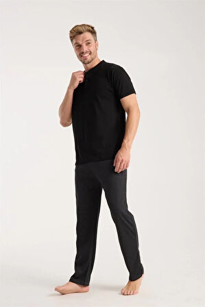 Moda Erkek Füme Düğmeli Yaka Kısa Kol Pijama Takımı