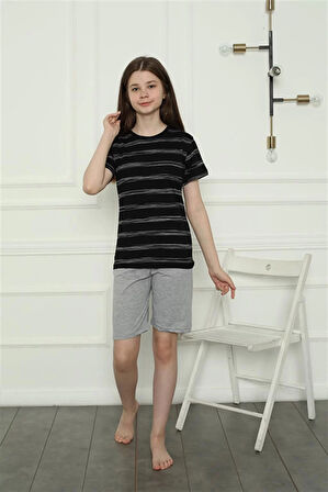 Moda Kız Çocuk Penye Şortlu Pijama Takım Siyah