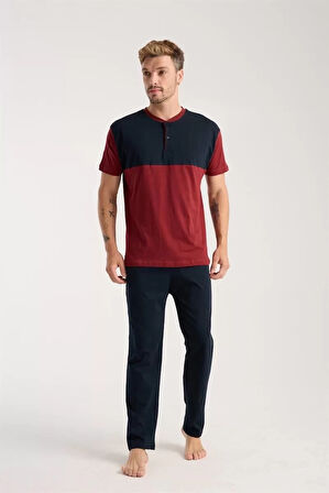 Moda Erkek Bordo Düğmeli Yaka Kısa Kol Pijama Takımı