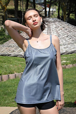 Moda Kadın Şortlu Tankini Elbise Mayo Gri