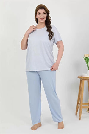 Moda Kadın Büyük Beden Kısa Kol Penye Pijama Takımı Mavi