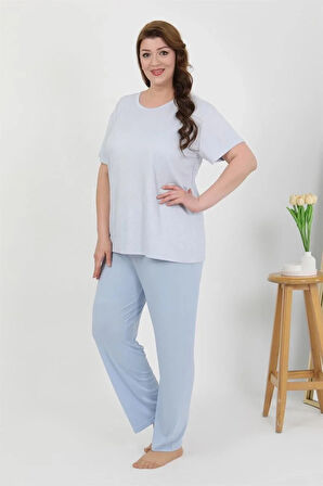Moda Kadın Büyük Beden Kısa Kol Penye Pijama Takımı Mavi