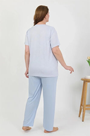 Moda Kadın Büyük Beden Kısa Kol Penye Pijama Takımı Mavi