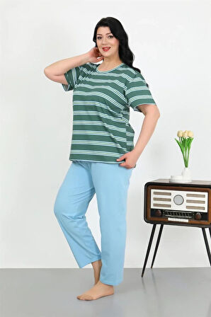 Moda Kadın Büyük Beden Kısa Kol Penye Pijama Takımı Petrol