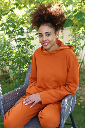 Moda Kadın Pamuk Kapşonlu Cepli 3 İplik Kiremit Eşofman Takım