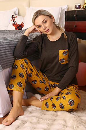 Moda Kadın Uzun Kol Penye Pijama Takım Kahve