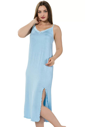 Moda Kadın İp Askılı Uzun Gecelik Mavi