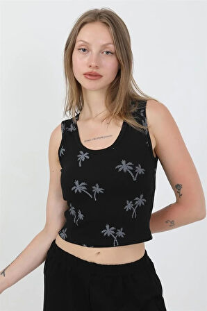 Moda Kadın Kalın Askılı Pamuk Penye Şortlu Crop Takım Siyah