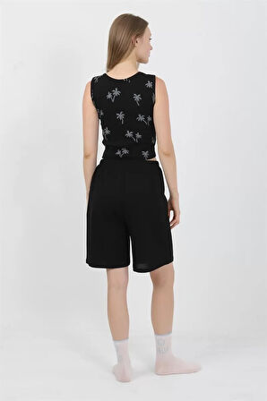 Moda Kadın Kalın Askılı Pamuk Penye Şortlu Crop Takım Siyah