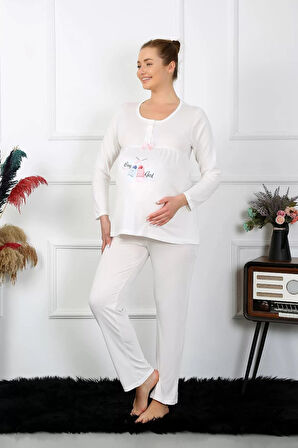 Moda Kadın Uzun Kol Hamile Lohusa Pijama Takımı Ekru