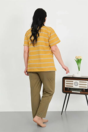 Moda Kadın Büyük Beden Kısa Kol Penye Pijama Takımı Sarı