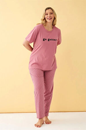 Moda Kadın Somon Go Getter Yazılı Büyük Beden Pijama Takımı