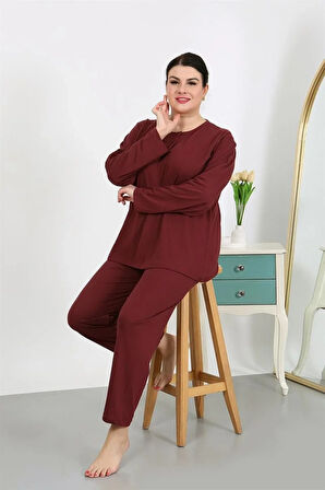 Moda Kadın Büyük Beden Uzun Kol Penye Pijama Takımı Bordo