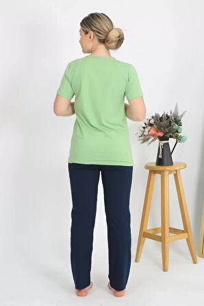 Moda Kadın Kısa Kol Pamuk Penye Pijama Takım Fıstık Yeşili