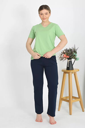 Moda Kadın Kısa Kol Pamuk Penye Pijama Takım Fıstık Yeşili