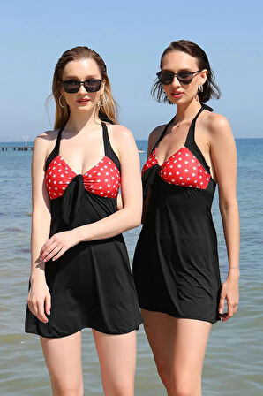 Moda Kadın Likralı Şortlu Fiyonklu Elbise Mayo Kırmızı