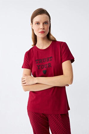 Moda Kadın Bordo Kalp Desenli Kısa Kollu Penye Pijama Takımı