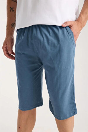 Moda Erkek Cepli Pamuk Penye Şort İndigo