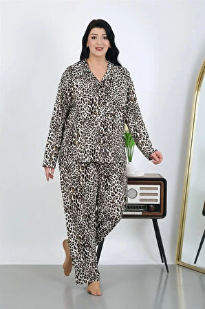 Moda Kadın Büyük Beden Pamuklu Cepli Düğmeli Kahve Pijama Takım