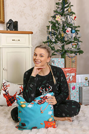 Moda Merry Christmas  Polar Kadın Pijama Takımı Siyah