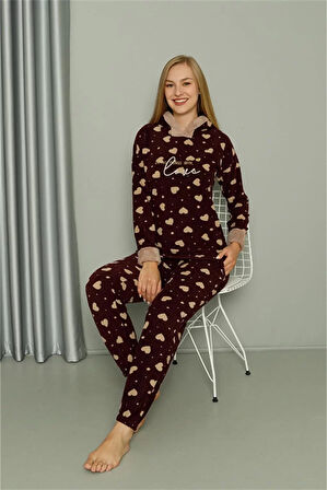 Moda Polar Kadın Kapşonlu Pijama Takımı Bordo