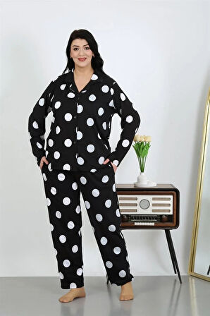 Moda Kadın Büyük Beden Pamuklu Cepli Düğmeli Siyah Pijama Takım