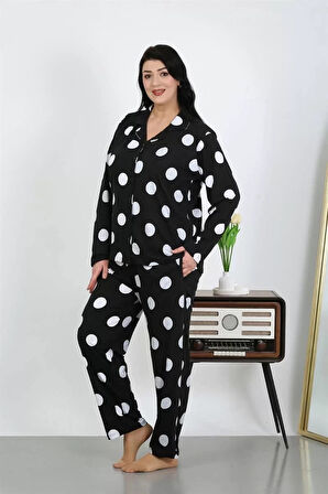 Moda Kadın Büyük Beden Pamuklu Cepli Düğmeli Siyah Pijama Takım