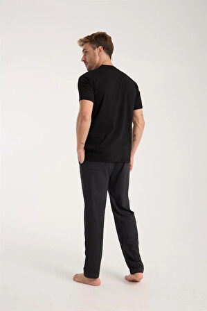 Moda Erkek Füme Düğmeli Yaka Kısa Kol Pijama Takımı