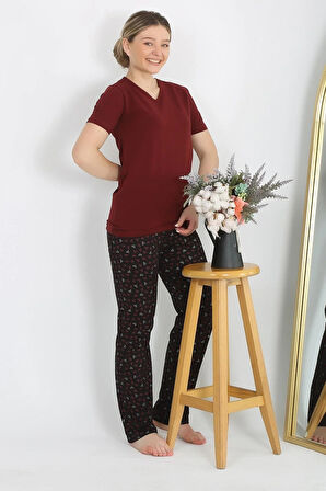 Moda Kadın Kısa Kol Pamuk Penye Pijama Takım Bordo