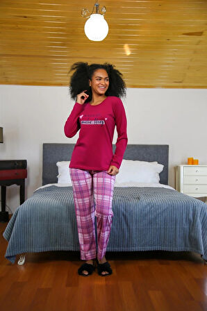 Moda Kadın Penye Uzun Kol Pijama Takım Bordo