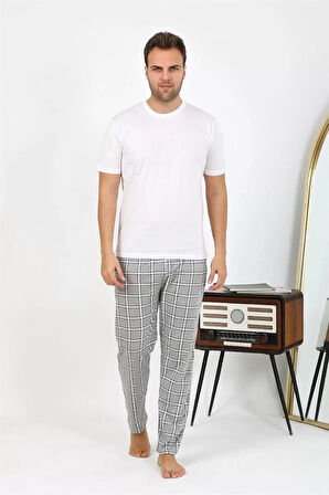 Moda Erkek Ekoseli Desen Penye Tek Alt Pijama Gri