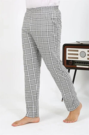 Moda Erkek Ekoseli Desen Penye Tek Alt Pijama Gri