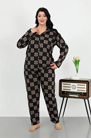 Moda Kadın Büyük Beden Pamuklu Cepli Düğmeli Siyah Pijama Takım