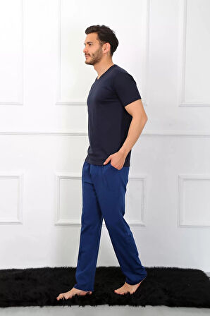 Moda Erkek Penye 3'lü Lacivert V Yaka Pijama Takımı