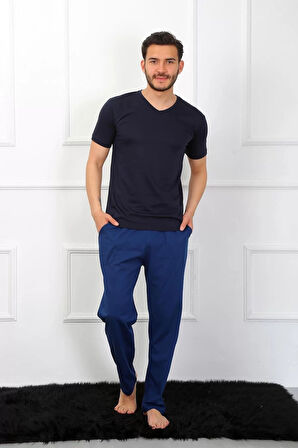 Moda Erkek Penye 3'lü Lacivert V Yaka Pijama Takımı
