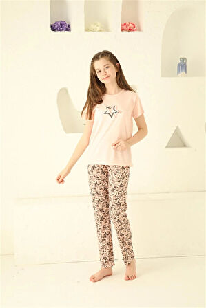 Moda Kız Çocuk Pamuk Kısa Kollu Pijama Takımı Somon