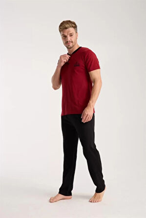 Moda Erkek Bordo Düğmeli Yaka Kısa Kol Pijama Takımı