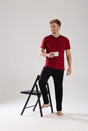 Moda Erkek Bordo Düğmeli Yaka Kısa Kol Pijama Takımı