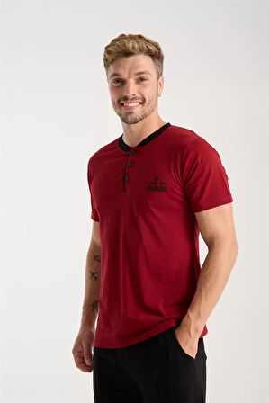 Moda Erkek Bordo Düğmeli Yaka Kısa Kol Pijama Takımı