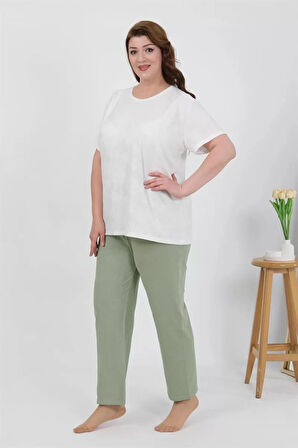 Moda Kadın Büyük Beden Kısa Kol Penye Pijama Takımı Beyaz