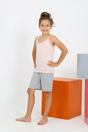 Moda Kız Çocuk İp Askılı Şortlu Penye Pembe Pijama Takım