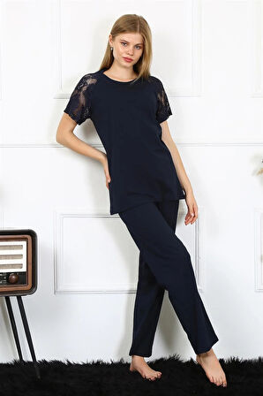 Moda Kadın Kolu Dantelli Penye Pijama Takım Lacivert
