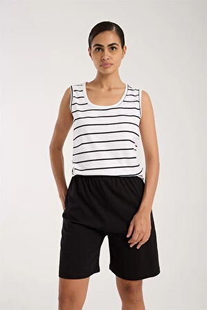 Moda Kadın Kalın Askılı Beyaz Şortlu Pijama Takımı