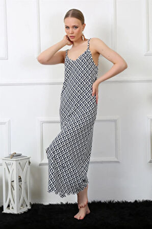 Moda Kadın İp Askılı Uzun Gecelik Lacivert